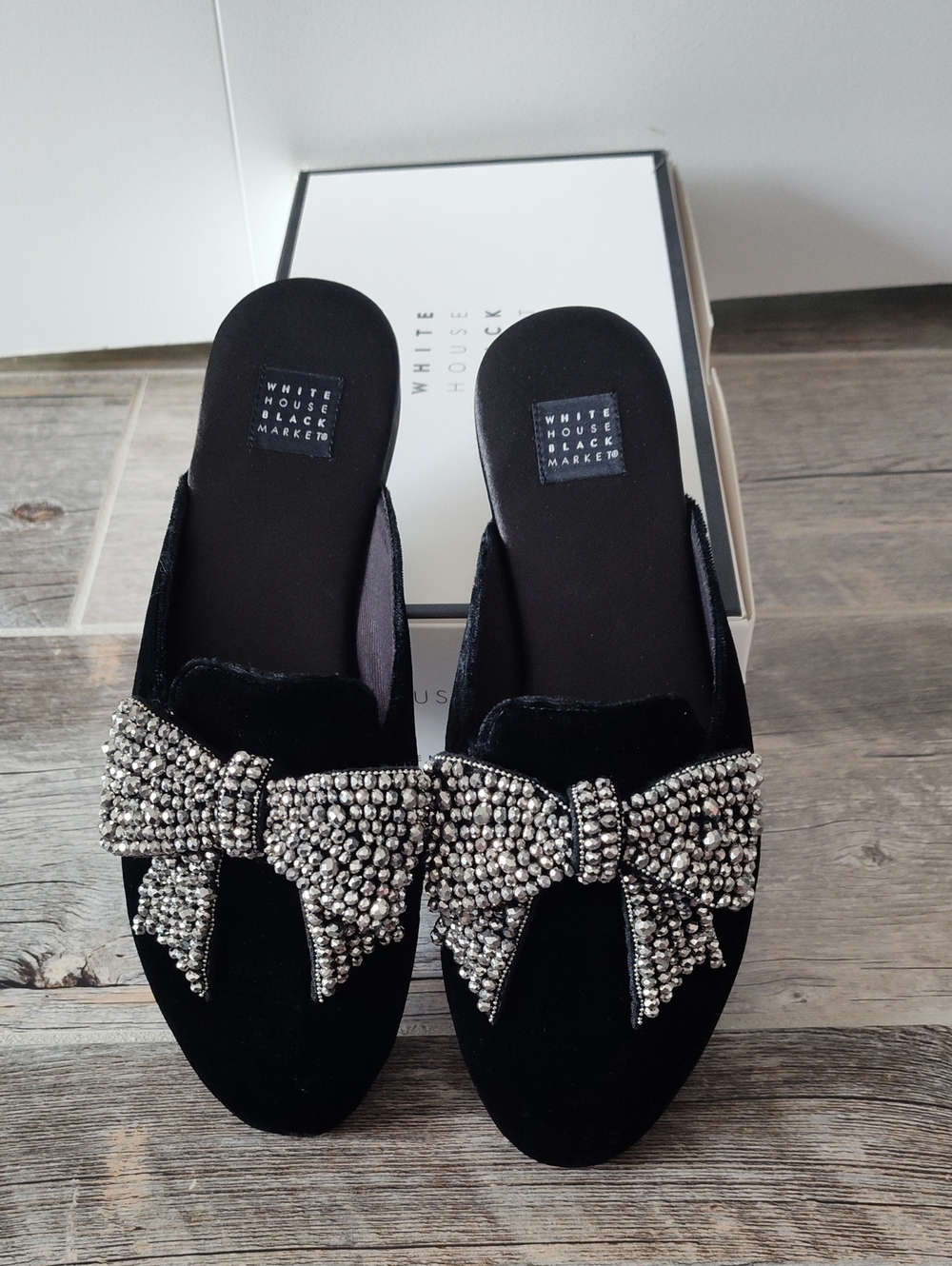 White House Black Market Black Velvet Crystal Bow Slide Mules